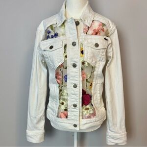 Upcycled Floral Embroidered White Distressed Denim Jacket